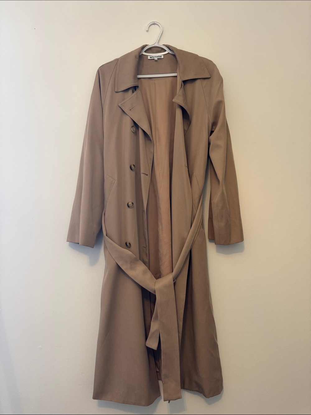 Reformation Camel Double-Breasted Trench Coat with Belt